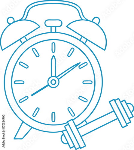 Cyan line drawing shows alarm clock alongside a dumbbell against a white background