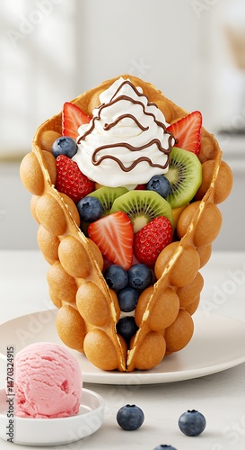 Golden Hong Kong-style bubble waffle filled with fresh fruit, whipped cream and chocolate drizzle. Served with ice cream scoop on side.