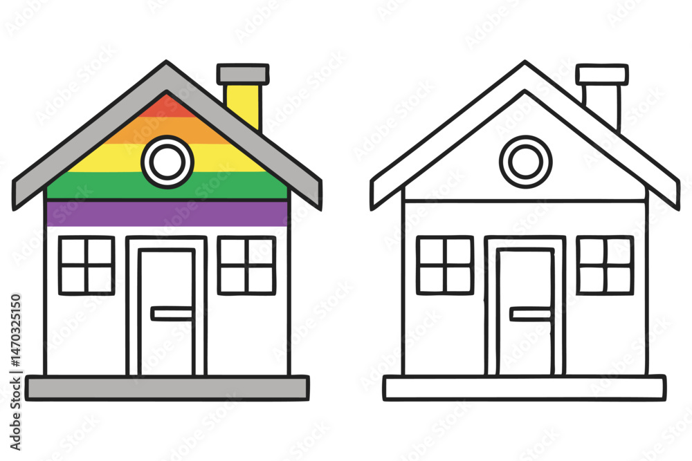 One small house shows pride flag colors next to a line art version One small house shows pride flag colors next to a line art version