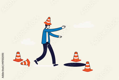 Blind and frustrated business direction, mistake or failure, trap or crisis ahead, risk and uncertainty concept, blindfold businessman cover with pylon walking to fall into the hole or business trap.