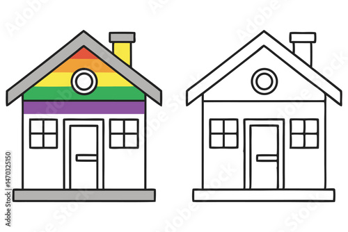 One small house shows pride flag colors next to a line art version