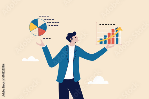 Market analysis or economy and financial statistics presentation, growth data diagram or corporate business plan concept, smart businessman present virtual analysis graph and chart oh his both hands.