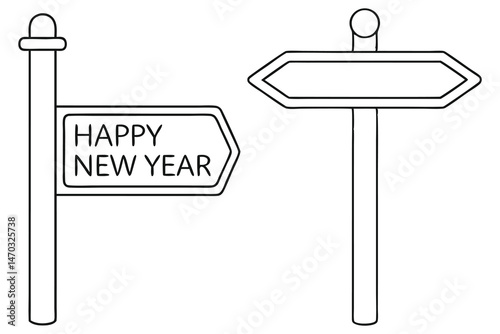Line art shows two stylized direction signs, one displaying Happy New Year