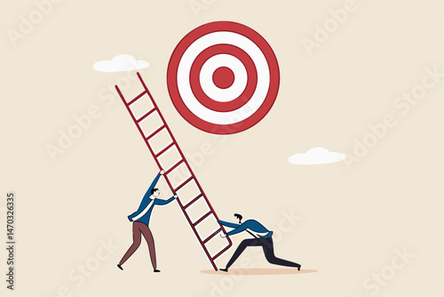 Develop ladder to success, set business goal, target, purpose and objective, partnership and teamwork to opportunity concept, business people team help set up ladder of success to reach target.