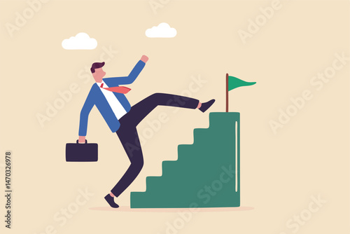 Shortcut or advancement in career development or work to achieve target, skip step to reach goal or beginner mistake by try hard way to success concept, businessman skip stair step to reach target.
