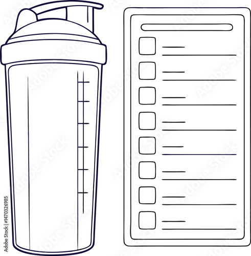 Isolated protein shaker and a checklist displayed together in a simple line drawing on white