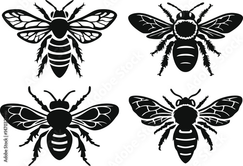 Bees flying set silhouette illustration