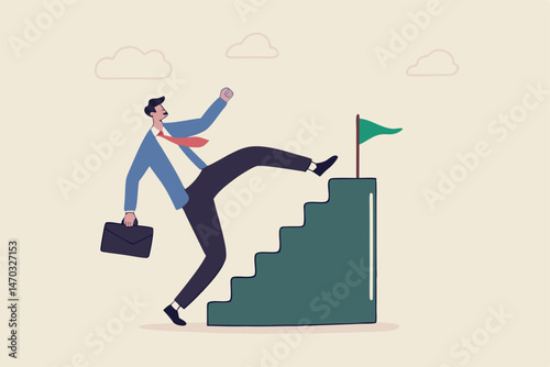 Shortcut or advancement in career development or work to achieve target, skip step to reach goal or beginner mistake by try hard way to success concept, businessman skip stair step to reach target.