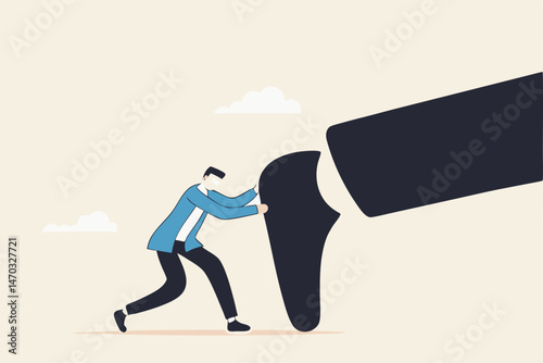 Keep pushing yourself, continue self development or self improve to overcome difficulty and success in business and career concept, confidence businessman pushing big hisself forward with full effort.