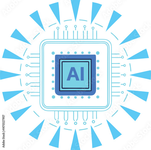 Light blue artificial intelligence microchip features circuitry and triangle emanating rays on a transparent background