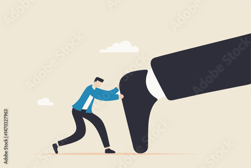 Keep pushing yourself, continue self development or self improve to overcome difficulty and success in business and career concept, confidence businessman pushing big hisself forward with full effort.