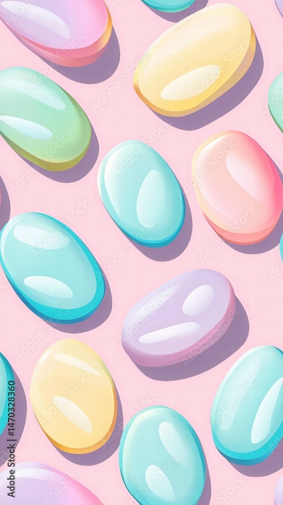 A festive display of colorful easter eggs arranged neatly on a soft pink background