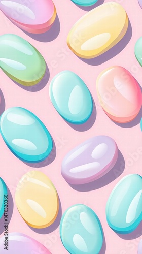A festive display of colorful easter eggs arranged neatly on a soft pink background
