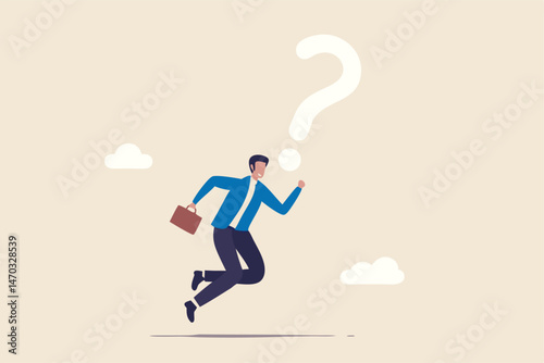 Asking business question to find answer or solution, speak out loud to get support for work problem concept, brave confident businessman speak out loud with speech bubble question mark symbol.