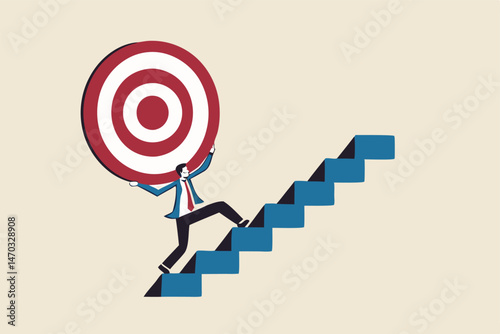 Effort and ambition to reach goal or target, challenge to win higher target, business mission or career concept, strong businessman carry big target on his shoulder walking up the stairs.