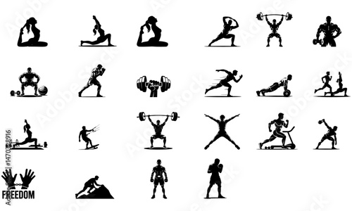 Gym and Fitness Icon Set – Flat Vector Collection of Workout, Exercise, Bodybuilding, and Sports Equipment Symbols.