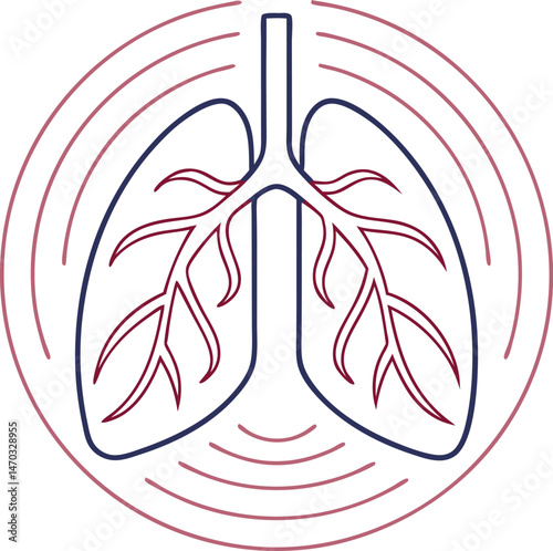 Purple outlined human lungs and veins display within pink concentric circles on a white background