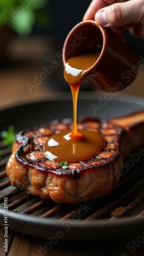 Grilled steak is being topped with rich brown sauce poured from a small jug, creating a savory and appetizing presentation
