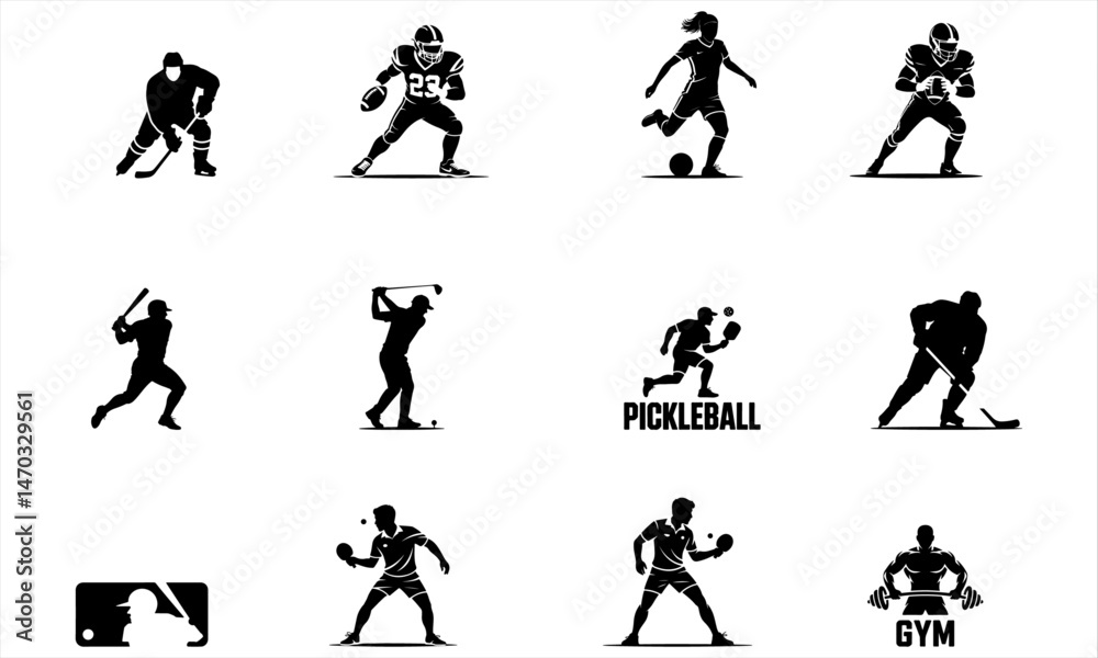 Naklejka premium Sports Silhouette Vector Set – Football, Soccer, Baseball, Boxing, Gym, and More.