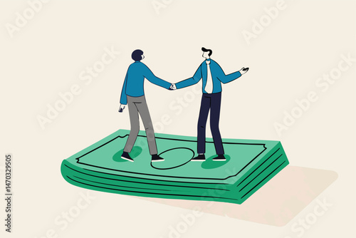 Salary negotiation, pay raise discussion or wages and benefit agreement, business deal or merger and acquisition concept, business people handshake on pile of money banknote after finish agreement.