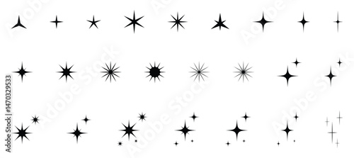 Retro Futuristic Sparkle Icons Set. Twinkle, Starburst, and Magic Light Flare Vectors