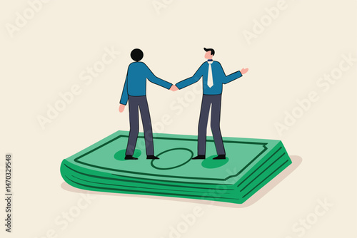 Salary negotiation, pay raise discussion or wages and benefit agreement, business deal or merger and acquisition concept, business people handshake on pile of money banknote after finish agreement.