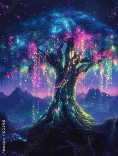 fantasy landscape with a glowing tree