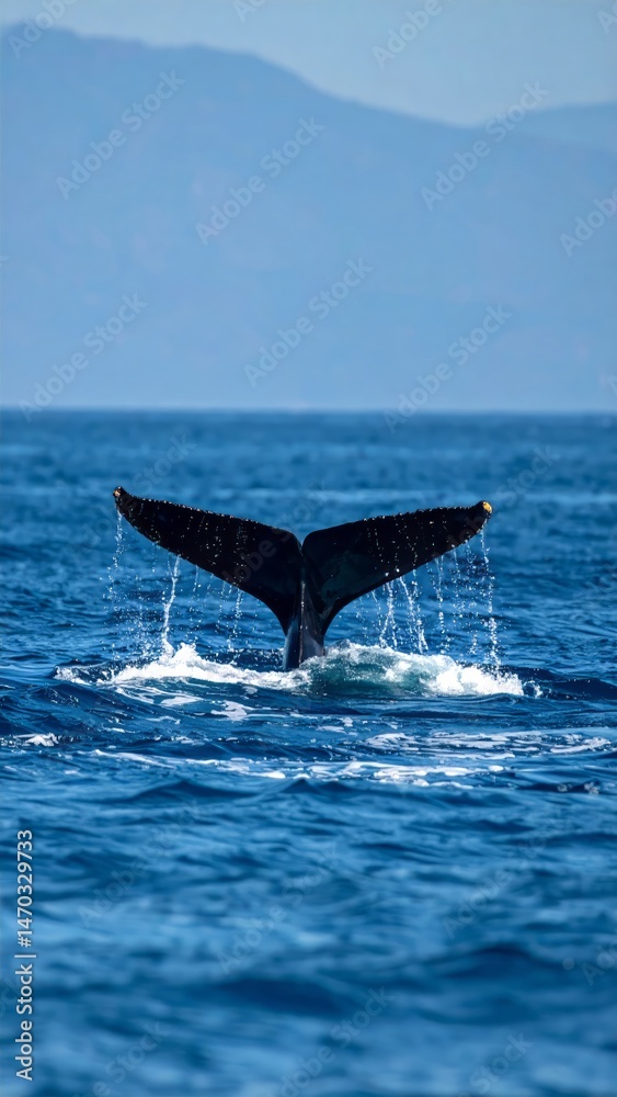 Fototapeta premium Splashing Humpback Whale Tail in Deep Blue Ocean Waters near Distant Mountains