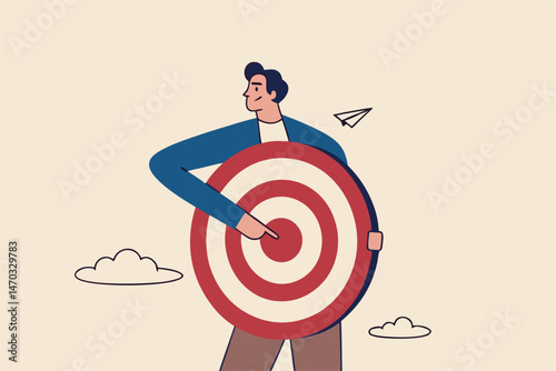 Focus on business target, setting goal for motivation, target audience for advertising or purpose for career development concept, businessman holding archer target or dashboard pointing at bullseye.