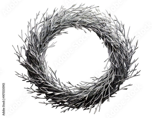 Elegant silver twig wreath, minimalist design. Perfect for holiday, wedding, or home decor.  Versatile image for greeting cards, websites, and social media.  Sophisticated, modern aesthetic.
