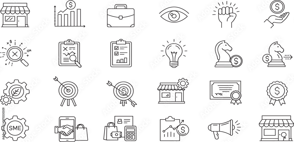 SME concept small and medium sized enterprises related editable stroke outline icons set isolated on white background flat vector illustration. SME concept small and medium sized enterprises related editable stroke outline icons set isolated on white background flat vector illustration.