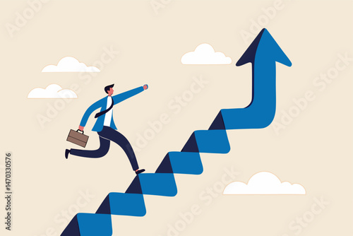 Improvement or career growth, stairway to success, growing income or improve skill to achieve business target concept, confidence businessman step walking up stair of success with rising up arrow.
