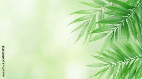 Blurred green background with layered tropical palm fronds, glowing sunlight and fresh atmosphere