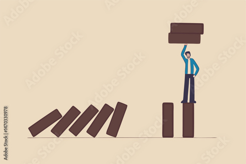 Risk management, protect business from disaster or crisis, leadership to avoid losing money, problem and failure concept, smart businessman company leader remove domino to stop domino effect collapse.