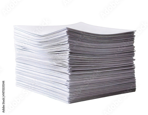 A large stack of crisp white papers sits neatly on a plain white background.  The image conveys a sense of organization, efficiency, and the volume of information or paperwork.