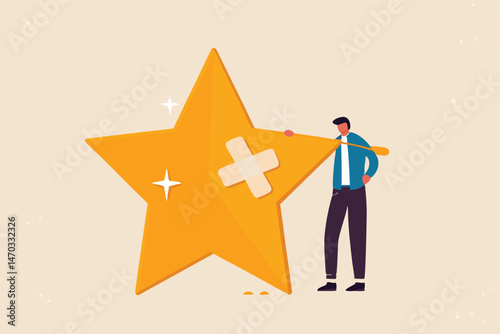 Reputation management, customer experience or rating, crisis management to repair or fix customer trust problem, credit score or satisfaction concept, businessman fix broken rating star with bandage.
