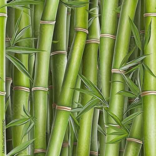 Lush green bamboo leaves gently swaying in a soft breeze under the warm sunshine