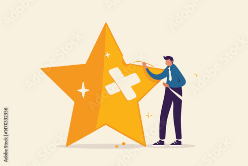 Reputation management, customer experience or rating, crisis management to repair or fix customer trust problem, credit score or satisfaction concept, businessman fix broken rating star with bandage.