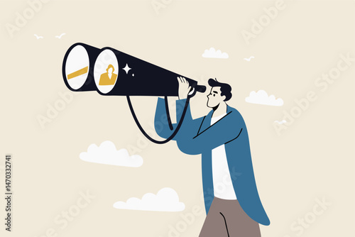 Searching for candidate, HR Human Resources find people to fill in job vacancy, recruitment or finding career opportunity concept, businessman HR look through binoculars to find candidate people.