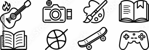 Modern hobby icon set with guitar, camera, paintbrush, book, basketball, skateboard, video game controller