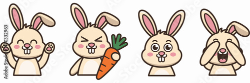 Bunny icon set with various expressions and actions – Great for children's products, Easter designs, or playful branding.