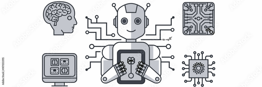 Vector icon set of artificial intelligence with robot holding tablet, brain, computer, and circuit board