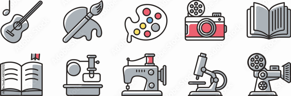 Fototapeta premium Vector hobby icon set with guitar, paintbrush, camera, book, sewing machine, microscope, movie reel