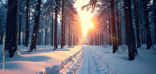 background: a serene snowy forest at dawn