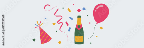 Celebration icon set with confetti, party hat, balloon, and champagne bottle on white background – Perfect for birthday designs, New Year promotions, or event marketing materials.