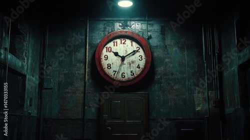 Aged clock in dark hallway