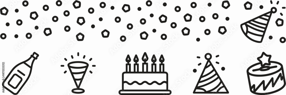 Fototapeta premium Celebration icon set with confetti, champagne bottle, party horn, cake, and party hat – Great for party invitations, holiday promotions, or festive event branding.