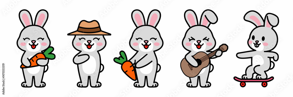 Bunny icon set featuring various poses including carrot holding, hat wearing, guitar playing, and skateboarding – Perfect for youth merchandise, seasonal promotions, or playful design projects. Bunny icon set featuring various poses including carrot holding, hat wearing, guitar playing, and skateboarding – Perfect for youth merchandise, seasonal promotions, or playful design projects.