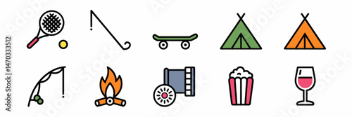 Vector icon set of leisure activities including tennis, golf, skateboarding, camping, fishing, and movie watching – Suitable for outdoor recreation brands, sports promotions, or leisure blogs.