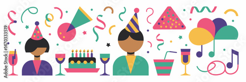 Party vector icon sheets with people, party hats, confetti, cake, drinks and more